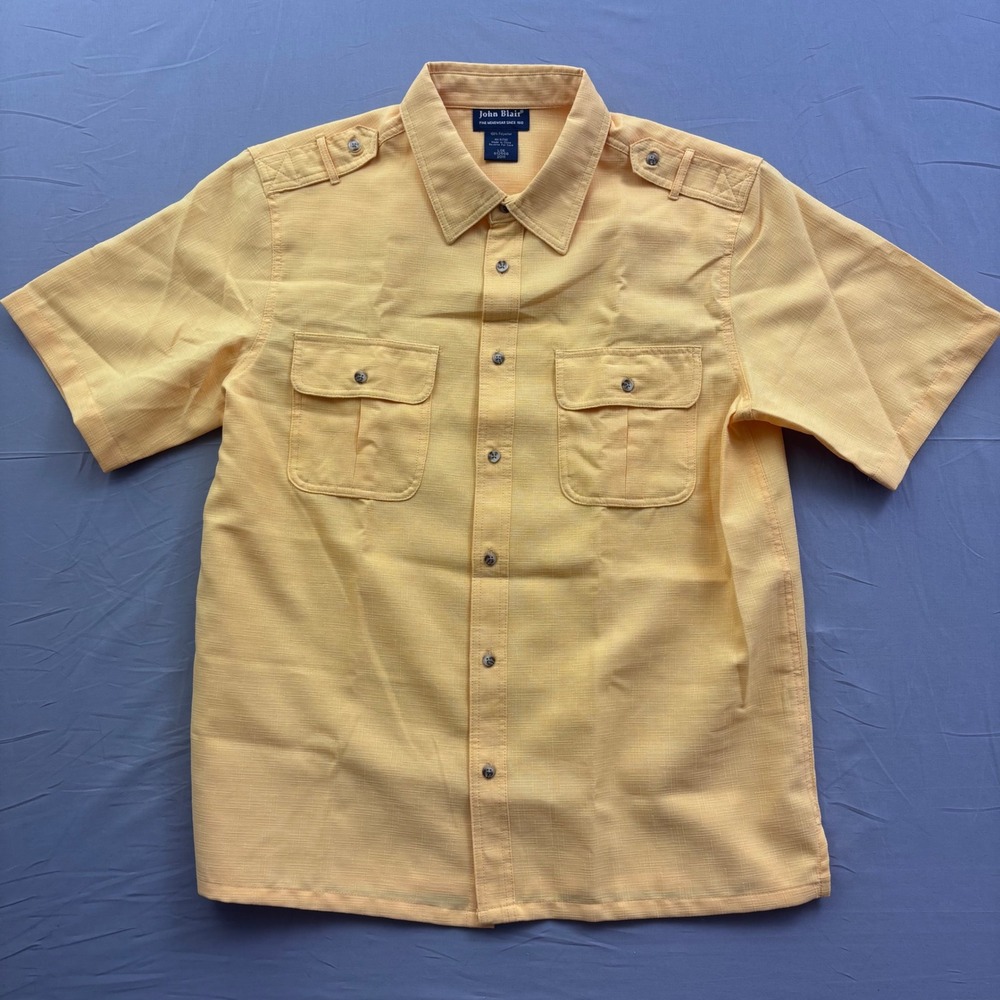 John Blair Mens Peach Yellow Textured Short Sleeve Safari Shirt Epaulettes Sz L
